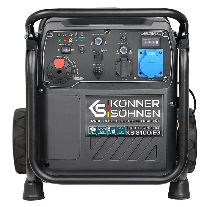 Könner & Söhnen Stromerzeuger KS 8100iEG - Nennleistung: 8 kW, Tankvolumen: 20 l - Schwarzer Könner & Söhnen KS 8100iEG Dual-Fuel-Inverter-Generator mit Bedienfeld, Display und Schutzrahmen.