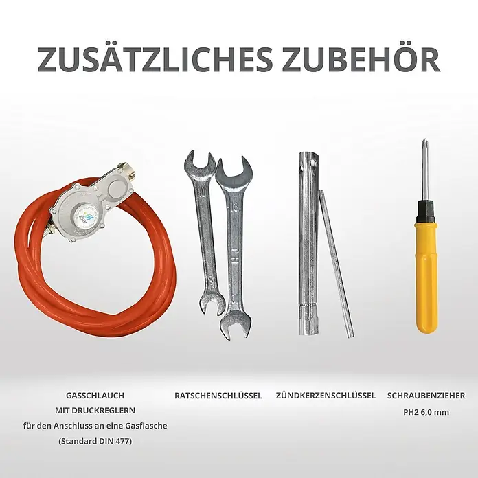 Könner & Söhnen Stromerzeuger KS 8100iEG - Nennleistung: 8 kW, Tankvolumen: 20 l - Set aus Werkzeugen: oranger Gasschlauch mit Regler, zwei silberne Schraubenschlüssel, Zündkerzenschlüssel und gelbgriffiger Schraubendreher.