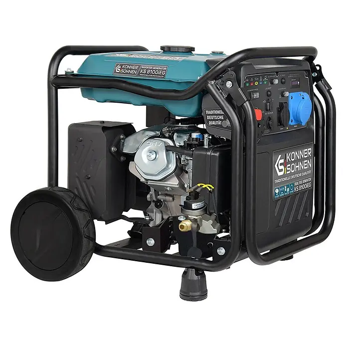 Könner & Söhnen Stromerzeuger KS 8100iEG - Nennleistung: 8 kW, Tankvolumen: 20 l - Schwarzer und türkiser Inverter-Generator mit Rädern und Bedienfeld, für mobilen Strom.