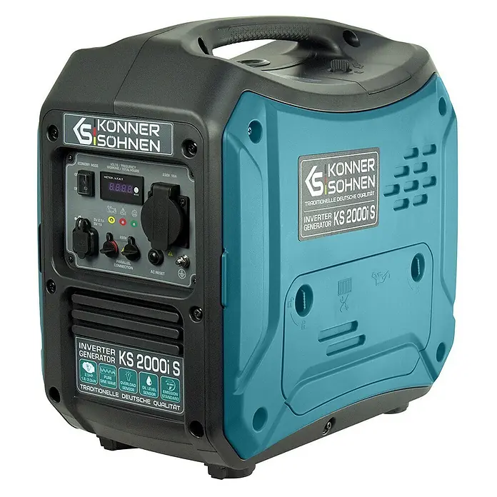 Könner & Söhnen Stromerzeuger KS 2000i S - Nennleistung: 1,8 kW, Tankvolumen: 5 l - Kompakter, türkis-schwarzer Konner & Sohnen KS 2000i S Inverter-Generator mit Griff und Bedienfeld.