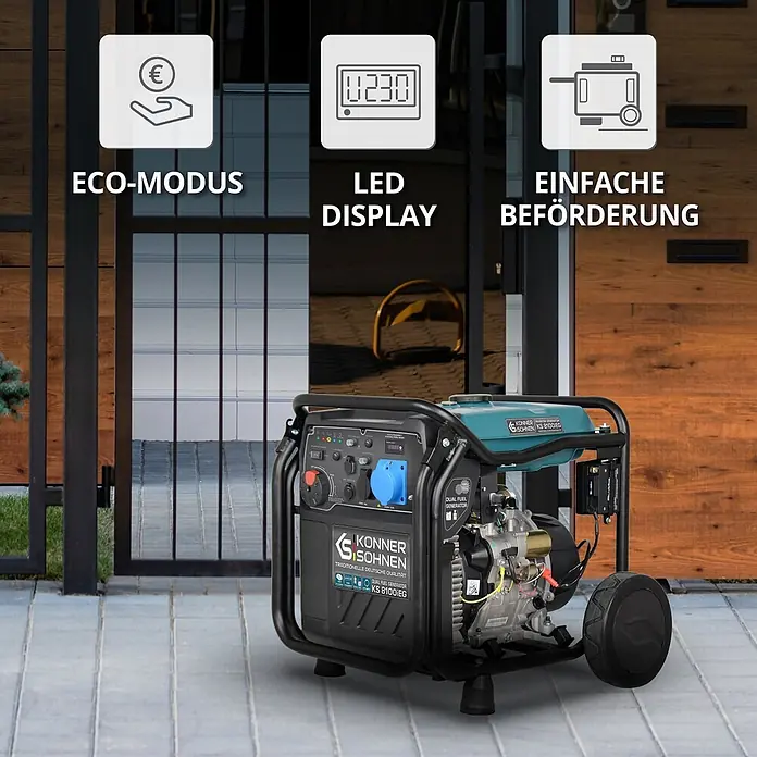 Könner & Söhnen Stromerzeuger KS 8100iEG - Nennleistung: 8 kW, Tankvolumen: 20 l - Schwarzer und türkiser tragbarer Generator mit Rädern, LED-Anzeige und Bedienfeld, draußen stehend.
