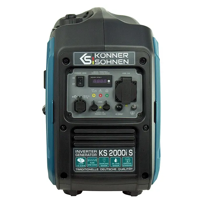 Könner & Söhnen Stromerzeuger KS 2000i S - Nennleistung: 1,8 kW, Tankvolumen: 5 l - KÖNNER & SÖHNEN KS 2000i S Inverter-Generator, dunkelgrau mit blauen Seiten, zeigt sein Bedienfeld mit Display, Steckdosen und USB-Anschlüssen.