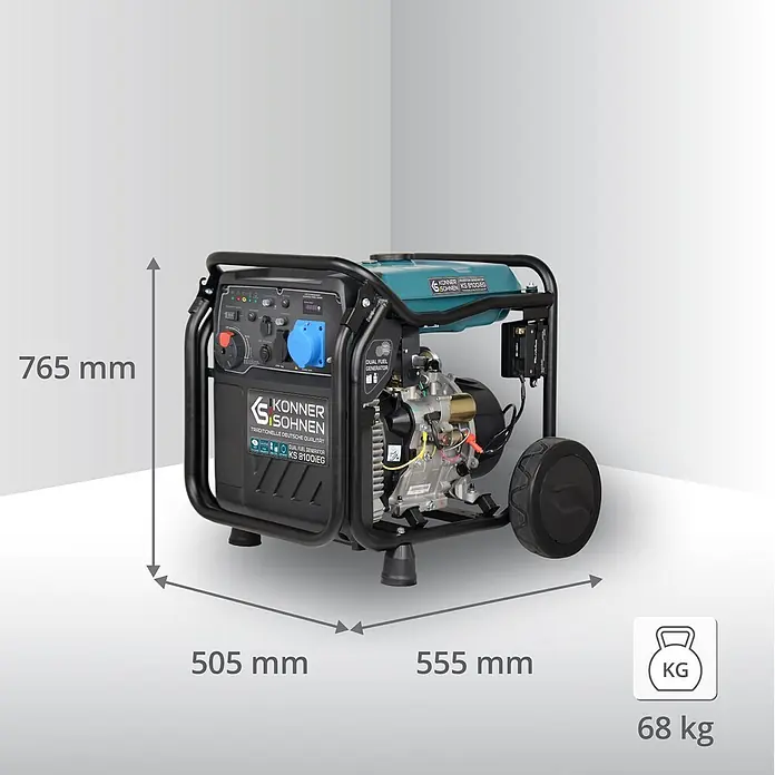 Könner & Söhnen Stromerzeuger KS 8100iEG - Nennleistung: 8 kW, Tankvolumen: 20 l - Schwarz-türkiser Könner & Söhnen KS 8100IEG Dual-Fuel-Generator (765x505x555 mm, 68 kg).