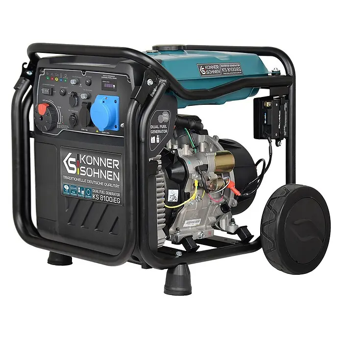 Könner & Söhnen Stromerzeuger KS 8100iEG - Nennleistung: 8 kW, Tankvolumen: 20 l - Könner & Söhnen Dual Fuel Inverter Generator KS 8100iEG mit blaugrünem Tank, schwarzem Rahmen und Rädern.