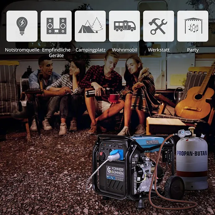 Könner & Söhnen Stromerzeuger KS 8100iEG - Nennleistung: 8 kW, Tankvolumen: 20 l - Schwarz-blauer Dual-Fuel-Generator, an Propan-Butan-Gasflasche angeschlossen, ideal für tragbaren Strom im Freien und bei Notfällen.