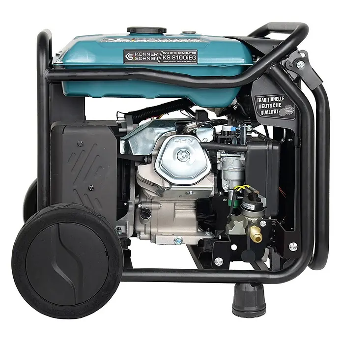 Könner & Söhnen Stromerzeuger KS 8100iEG - Nennleistung: 8 kW, Tankvolumen: 20 l - K&S KS 8100iEG Inverter-Generator mit blaugrünem Tank, schwarzem Rahmen und Rädern, zeigt Motor und Gasanschluss für mobile Stromversorgung.