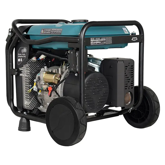 Könner & Söhnen Stromerzeuger KS 8100iEG - Nennleistung: 8 kW, Tankvolumen: 20 l - Türkis-schwarzer Dual-Fuel-Generator mit schwarzem Schutzrahmen, Rädern und Gummifüßen.