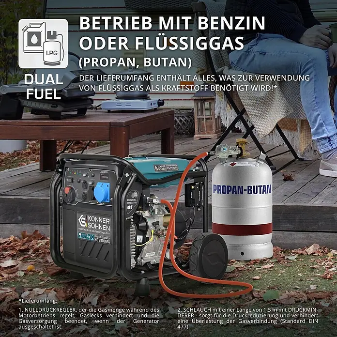 Könner & Söhnen Stromerzeuger KS 8100iEG - Nennleistung: 8 kW, Tankvolumen: 20 l - Könner & Söhnen Dual-Fuel-Generator (Benzin/Flüssiggas) mit Propan-Butan-Gasflasche im Außenbereich.