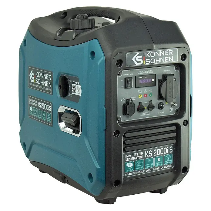 Könner & Söhnen Stromerzeuger KS 2000i S - Nennleistung: 1,8 kW, Tankvolumen: 5 l - Ein petrolfarbener und schwarzer Könner Söhnen KS 2000i S Inverter-Generator mit Tragegriff und Bedienfeld mit Digitalanzeige und verschiedenen Steckdosen.