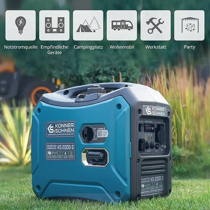 Könner & Söhnen Stromerzeuger KS 2000i S - Nennleistung: 1,8 kW, Tankvolumen: 5 l - Türkiser und schwarzer Könner & Söhnen KS 2000i S Inverter-Generator auf Rasen.
