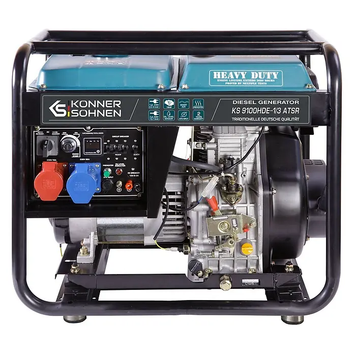 Könner & Söhnen Stromerzeuger KS 9100HDE-1/3 ATSR - Tankvolumen: 11 l - Schwarz-türkiser Dieselgenerator mit detailliertem Bedienfeld, sichtbarem Motor und robustem Rahmen.