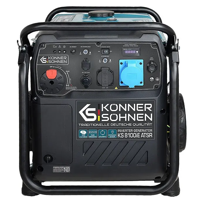 Könner & Söhnen Stromerzeuger KS 8100iE ATSR - Nennleistung: 8 kW, Tankvolumen: 20 l - Schwarz-türkiser Könner & Söhnen KS 8100iE ATSR Inverter-Generator mit Bedienfeld, Steckdosen und Schutzrahmen.