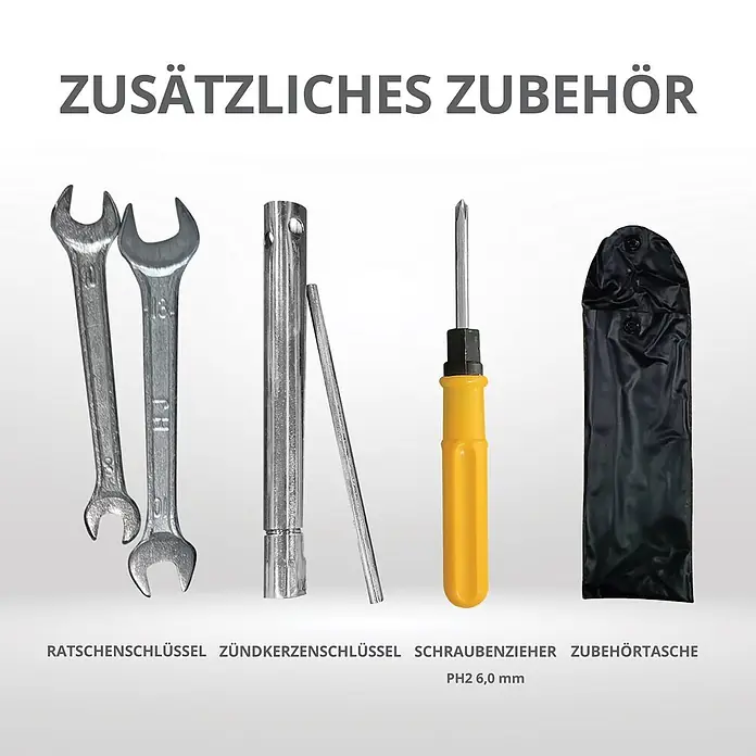 Könner & Söhnen Stromerzeuger KS 8100iE ATSR - Nennleistung: 8 kW, Tankvolumen: 20 l - Verschiedene Werkzeuge: zwei silberne Schraubenschlüssel, ein Zündkerzenschlüssel, ein gelber Schraubendreher und eine schwarze Zubehörtasche.