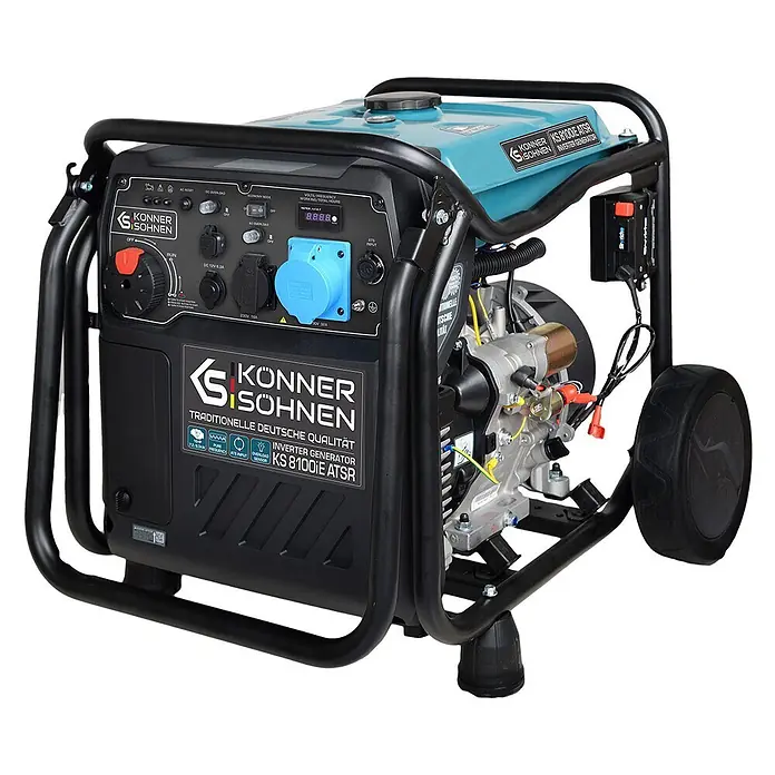 Könner & Söhnen Stromerzeuger KS 8100iE ATSR - Nennleistung: 8 kW, Tankvolumen: 20 l - Konner & Sohnen Inverter-Generator KS 8100IE ATSR mit schwarzem Rahmen, blauem Tank und Bedienfeld. Portable Stromversorgung.
