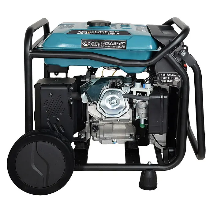 Könner & Söhnen Stromerzeuger KS 8100iE ATSR - Nennleistung: 8 kW, Tankvolumen: 20 l - Türkis-schwarzer Inverter-Generator KS 8100iE ATSR mit robustem schwarzem Rahmen und Rädern.