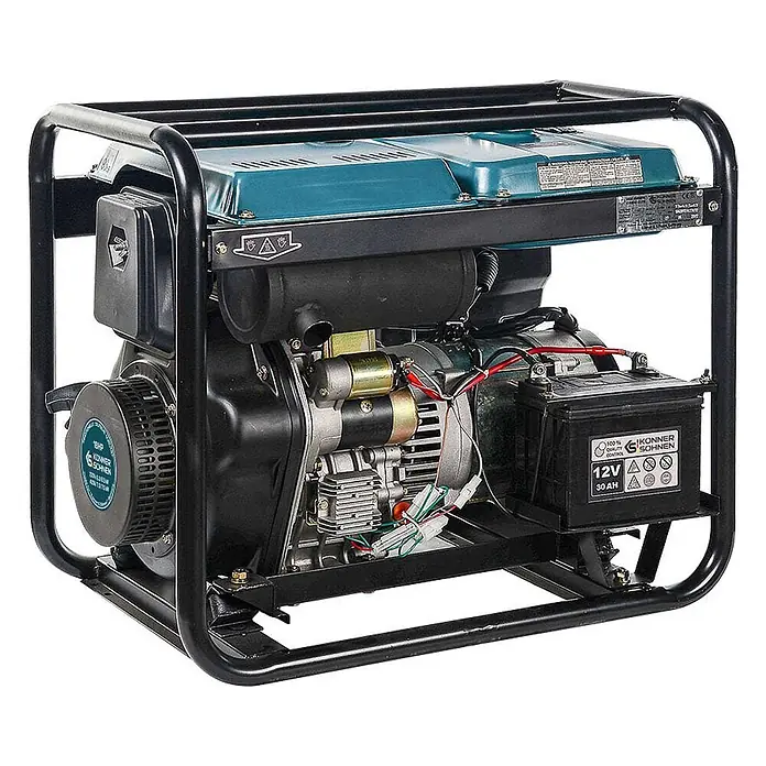 Könner & Söhnen Stromerzeuger KS 9100HDE-1/3 ATSR - Tankvolumen: 11 l - Tragbarer Stromerzeuger mit schwarzem Rahmen, türkisfarbener Abdeckung und sichtbaren Motorkomponenten inklusive Batterie.