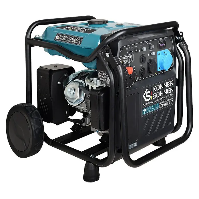 Könner & Söhnen Stromerzeuger KS 8100iE ATSR - Nennleistung: 8 kW, Tankvolumen: 20 l - Türkis-schwarzer Könner & Söhnen KS 8100iE ATSR Inverter-Generator mit Rädern, Bedienfeld und Digitalanzeige.
