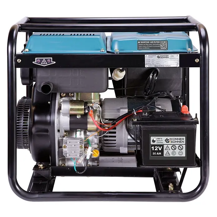 Könner & Söhnen Stromerzeuger KS 8100HDE - Tankvolumen: 11 l - Ein schwarz-türkiser Dieselgenerator mit robustem Rahmen, sichtbaren Motorbauteilen und einer Batterie.