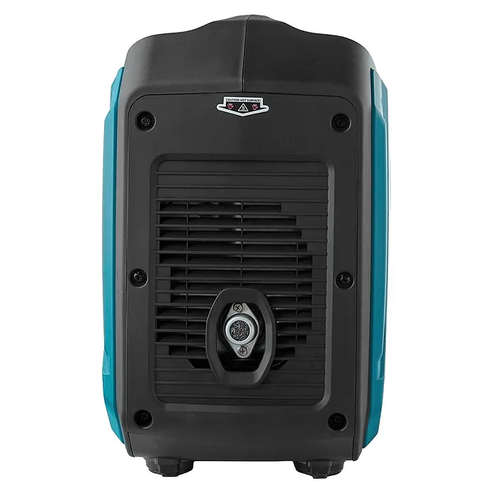 Könner & Söhnen Stromerzeuger KS 3000i S - Nennleistung: 3 kW, Tankvolumen: 4 l - Rückansicht eines schwarz-türkisen tragbaren Inverter-Generators mit Lüftungsgitter, Auspuff und Heißflächen-Warnetikett.