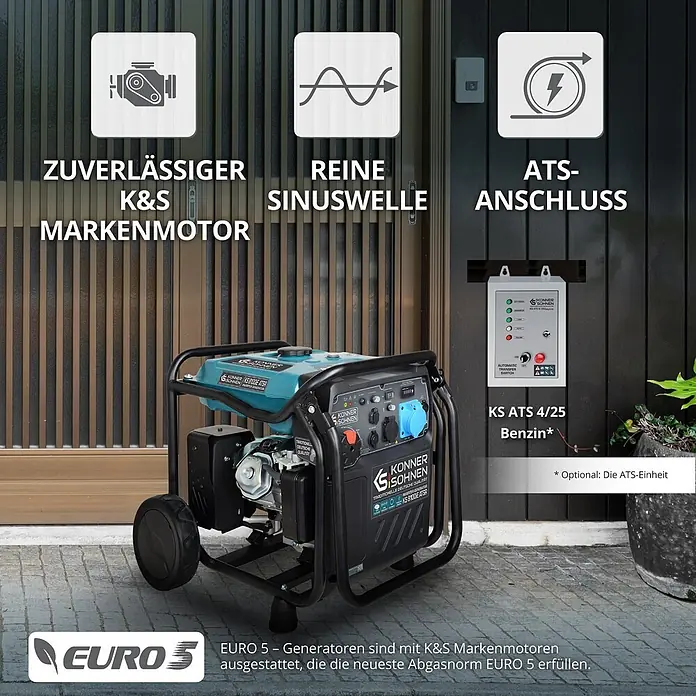 Könner & Söhnen Stromerzeuger KS 8100iE ATSR - Nennleistung: 8 kW, Tankvolumen: 20 l - Schwarz-türkiser Stromerzeuger mit Rädern, im Freien vor einer Wand.