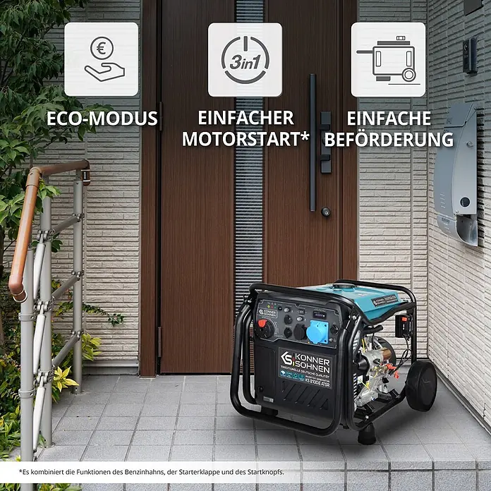 Könner & Söhnen Stromerzeuger KS 8100iE ATSR - Nennleistung: 8 kW, Tankvolumen: 20 l - Könner & Söhnen Inverter-Generator auf einer Veranda. Grafiken zeigen Eco-Modus, einfachen 3-in-1-Start und leichten Transport.