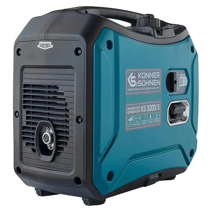 Könner & Söhnen Stromerzeuger KS 3000i S - Nennleistung: 3 kW, Tankvolumen: 4 l - Türkis-schwarzer Konner & Sohnen KS 3000i S Inverter-Generator mit Griff, Bedienfeld und Lüftungsschlitzen.
