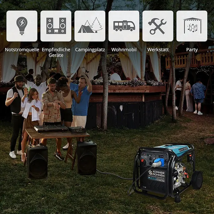 Könner & Söhnen Stromerzeuger KS 8100iE ATSR - Nennleistung: 8 kW, Tankvolumen: 20 l - Blauer und schwarzer mobiler Generator versorgt Party-Equipment im Freien. Icons zeigen weitere Anwendungen wie Camping und Werkstatt.