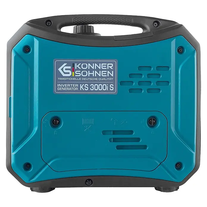Könner & Söhnen Stromerzeuger KS 3000i S - Nennleistung: 3 kW, Tankvolumen: 4 l - Türkis-schwarzer Könner & Söhnen KS 3000i S Inverter-Generator mit Griff und Lüftungsschlitzen.