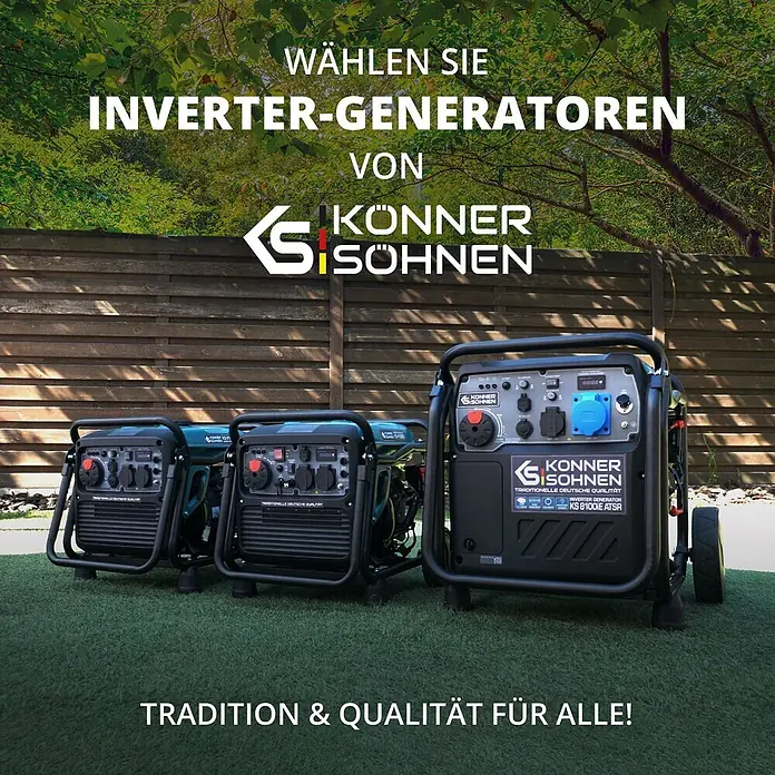 Könner & Söhnen Stromerzeuger KS 8100iE ATSR - Nennleistung: 8 kW, Tankvolumen: 20 l - Drei schwarze Inverter-Generatoren, ein großer und zwei kleinere, im Freien, symbolisieren mobile Stromversorgung.