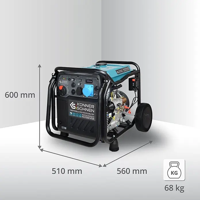 Könner & Söhnen Stromerzeuger KS 8100iE ATSR - Nennleistung: 8 kW, Tankvolumen: 20 l - Blau-schwarzer Könner & Söhnen Inverter-Generator mit Maßen (600x510x560mm) und Gewicht (68 kg).
