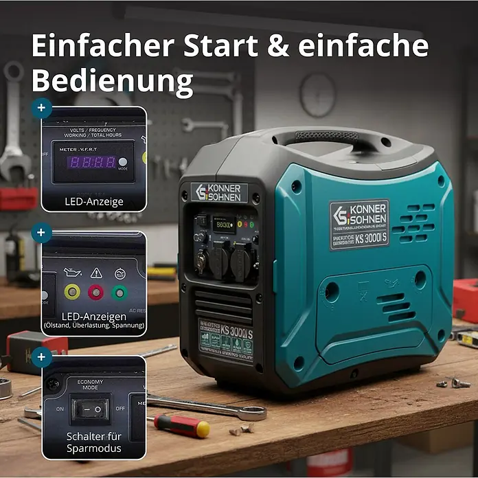 Könner & Söhnen Stromerzeuger KS 3000i S - Nennleistung: 3 kW, Tankvolumen: 4 l - Türkis-grauer tragbarer Inverter-Generator auf Werkbank, mit Details zu LED-Anzeige, Kontrollleuchten und Sparmodus-Schalter.