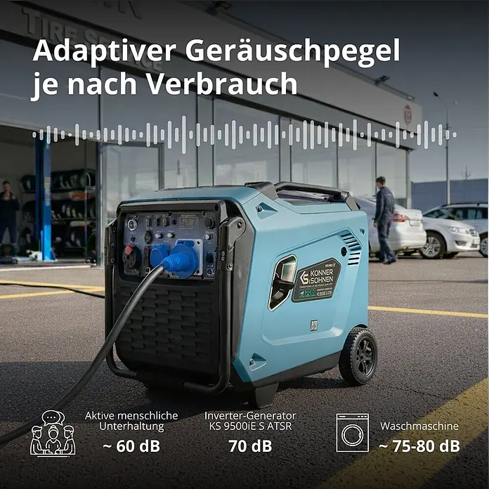Könner & Söhnen Stromerzeuger KS 9500iE S ATSR - Nennleistung: 9 kW, Tankvolumen: 30 l - Blauer Inverter-Generator KS 9500iE S ATSR mit Rädern, im Freien angeschlossen, mit adaptivem Geräuschpegel.