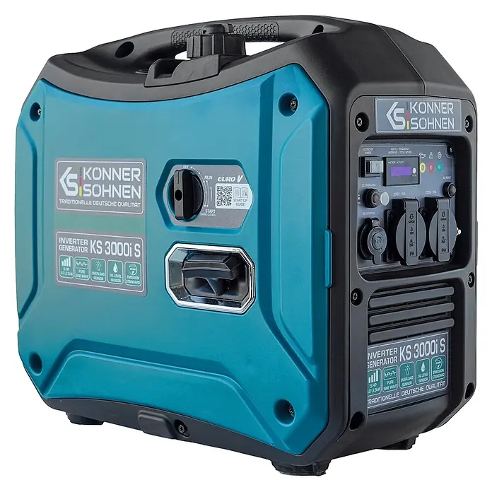 Könner & Söhnen Stromerzeuger KS 3000i S - Nennleistung: 3 kW, Tankvolumen: 4 l - Türkiser und schwarzer tragbarer Inverter-Generator mit Griff und detailliertem Bedienfeld.