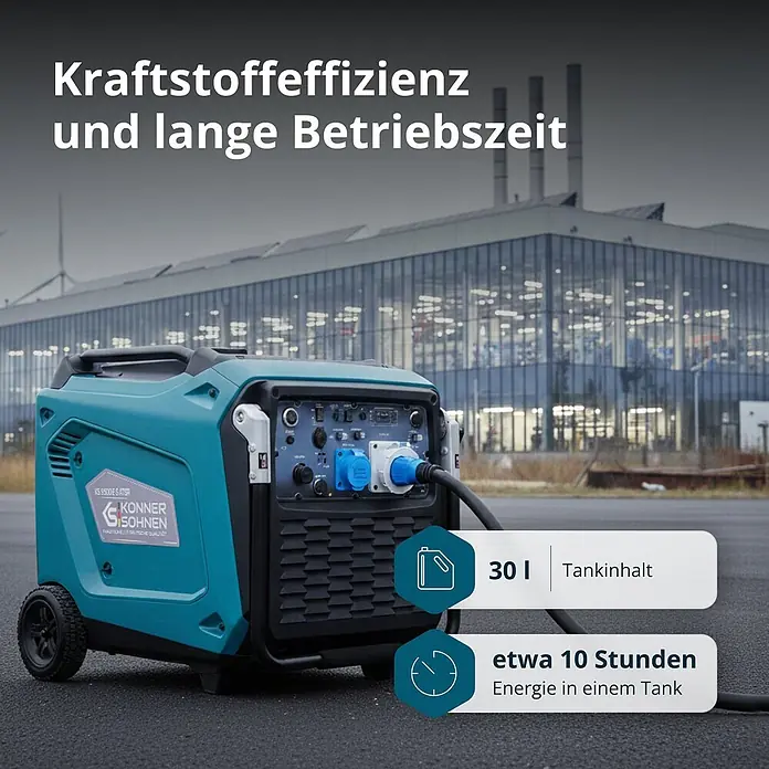 Könner & Söhnen Stromerzeuger KS 9500iE S ATSR - Nennleistung: 9 kW, Tankvolumen: 30 l - Türkiser und schwarzer tragbarer Inverter-Generator mit Rädern, angeschlossen, in industrieller Umgebung im Freien.