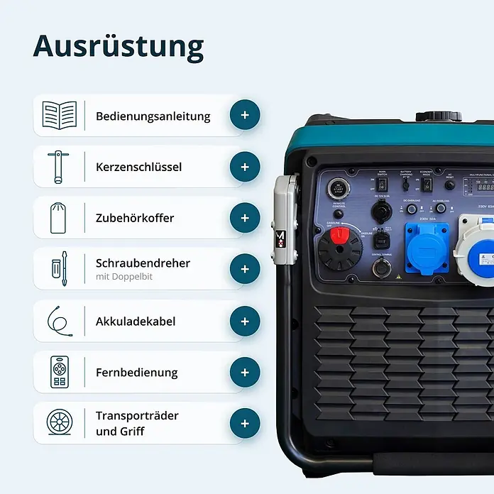 Könner & Söhnen Stromerzeuger KS 9500iE S ATSR - Nennleistung: 9 kW, Tankvolumen: 30 l - Nahaufnahme eines türkis-schwarzen Generators mit einer Liste des Zubehörs, z.B. Fernbedienung und Transporträder.