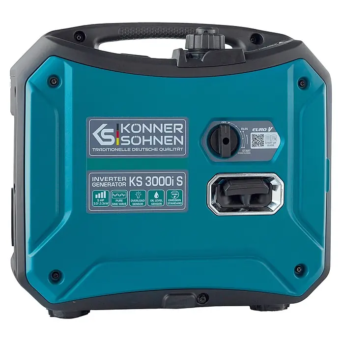 Könner & Söhnen Stromerzeuger KS 3000i S - Nennleistung: 3 kW, Tankvolumen: 4 l - Türkis-schwarzer Inverter-Generator mit Bedienfeld, Startanleitung per QR und verschiedenen Sensoren.