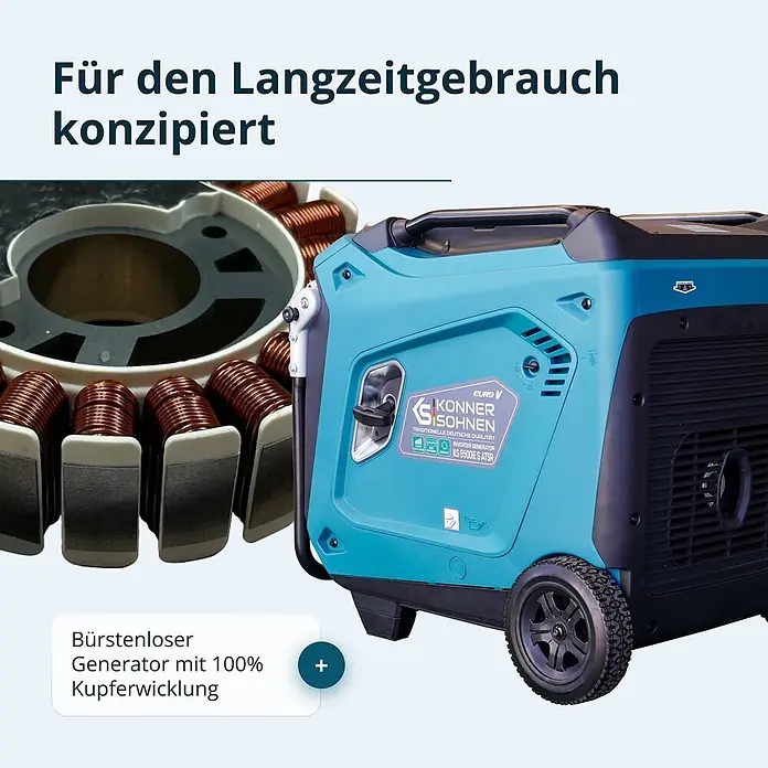 Könner & Söhnen Stromerzeuger KS 9500iE S ATSR - Nennleistung: 9 kW, Tankvolumen: 30 l - Blauer und schwarzer tragbarer Inverter-Generator mit Rädern, mit sichtbaren Kupferwicklungen, betont bürstenloses Design mit 100% Kupfer.