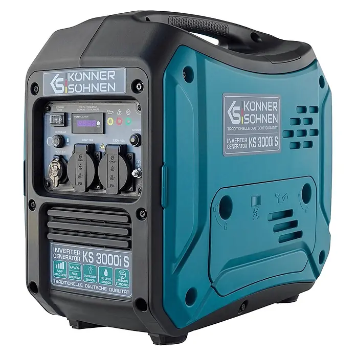 Könner & Söhnen Stromerzeuger KS 3000i S - Nennleistung: 3 kW, Tankvolumen: 4 l - Könner & Söhnen KS 3000i S Inverter-Generator in Schwarz und Türkis, mit Bedienfeld, Digitalanzeige und Steckdosen.