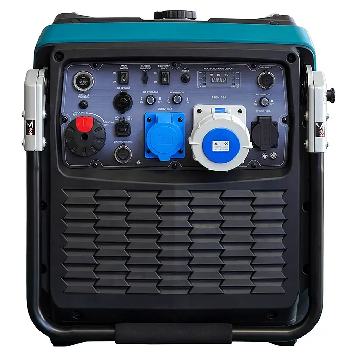 Könner & Söhnen Stromerzeuger KS 9500iE S ATSR - Nennleistung: 9 kW, Tankvolumen: 30 l - Schwarz-türkiser tragbarer Inverter-Generator mit blau-grauem Bedienfeld, mehreren Steckdosen, Schaltern und Digitalanzeige.