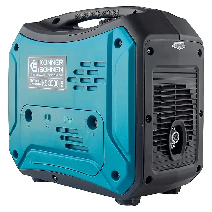 Könner & Söhnen Stromerzeuger KS 3000i S - Nennleistung: 3 kW, Tankvolumen: 4 l - Teal und schwarzer tragbarer Inverter-Generator mit Griff, seitlichen Lüftungsschlitzen und "Könner & Söhnen KS 3000i S" Label.