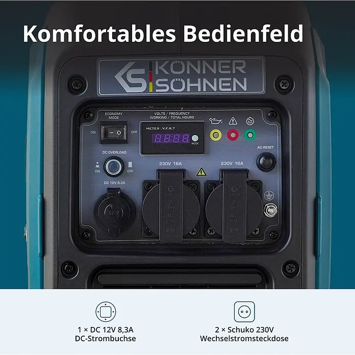 Könner & Söhnen Stromerzeuger KS 3000i S - Nennleistung: 3 kW, Tankvolumen: 4 l - Schwarzes Bedienfeld eines Generators mit Digitalanzeige, Schaltern, einer 12V DC- und zwei 230V Schuko AC-Steckdosen.
