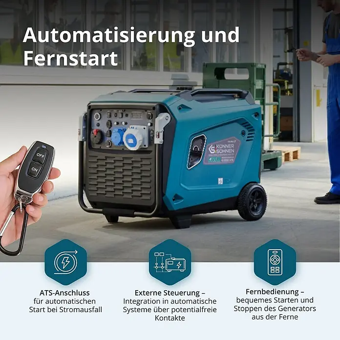Könner & Söhnen Stromerzeuger KS 9500iE S ATSR - Nennleistung: 9 kW, Tankvolumen: 30 l - Türkiser Stromerzeuger mit Fernbedienung im Vordergrund, der Fernstart- und Automatisierungsfunktionen hervorhebt.