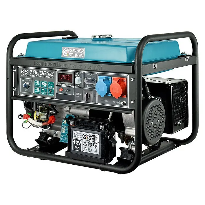 Könner & Söhnen Stromerzeuger KS 7000E 1/3 - Tankvolumen: 25 l - Konner & Sohnen KS 7000E 1/3 Benzingenerator mit türkisfarbenem Tank, schwarzem Rahmen und Bedienfeld mit Steckdosen.