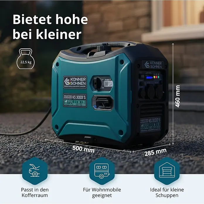 Könner & Söhnen Stromerzeuger KS 3000i S - Nennleistung: 3 kW, Tankvolumen: 4 l - Türkis-schwarzer tragbarer Inverter-Generator (Konner & Sohnen KS 3000i S) auf Asphalt, kompakt (500x285x460mm, 22,5kg) für vielseitige Nutzung.