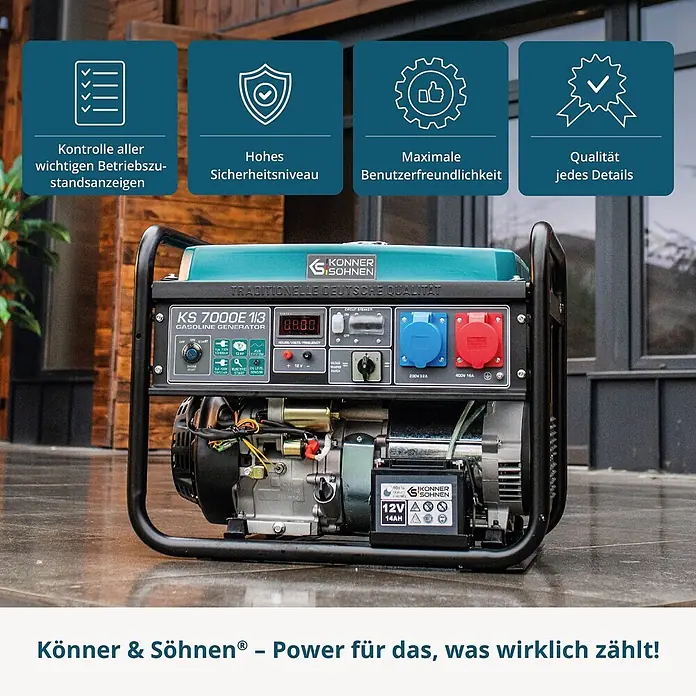 Könner & Söhnen Stromerzeuger KS 7000E 1/3 - Tankvolumen: 25 l - Könner & Söhnen KS 7000E 1/3 Benzingenerator mit schwarzem Rahmen, blaugrünem Tank & Bedienfeld, draußen.