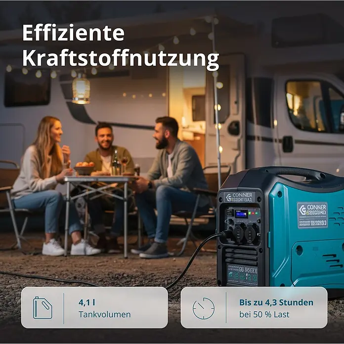 Könner & Söhnen Stromerzeuger KS 3000i S - Nennleistung: 3 kW, Tankvolumen: 4 l - Türkis-schwarze, tragbare Powerstation lädt Geräte auf einem Campingplatz mit Personen und Wohnmobil im Hintergrund.