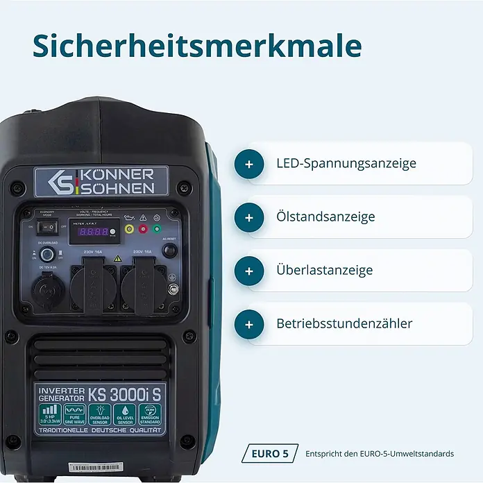 Könner & Söhnen Stromerzeuger KS 3000i S - Nennleistung: 3 kW, Tankvolumen: 4 l - Dunkelgrauer und türkiser Inverter-Generator. Bedienfeld zeigt LED-Spannung, Ölstand, Überlast und Betriebsstunden. Entspricht EURO 5-Standards.
