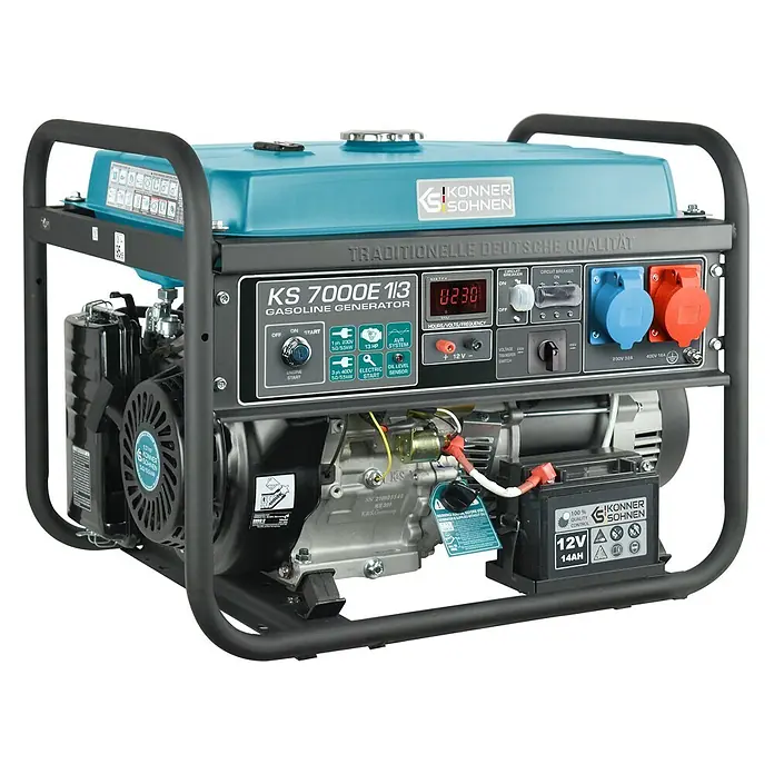 Könner & Söhnen Stromerzeuger KS 7000E 1/3 - Tankvolumen: 25 l - Konner & Sohnen KS 7000E 1/3 Benzingenerator mit türkisem Tank, schwarzem Rahmen und Bedienfeld mit Steckdosen und Digitalanzeige.