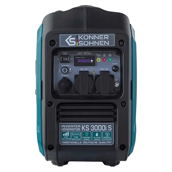 Könner & Söhnen Stromerzeuger KS 3000i S - Nennleistung: 3 kW, Tankvolumen: 4 l - Könner & Söhnen KS 3000i S Inverter-Generator in Schwarz und Türkis mit Bedienfeld, Digitalanzeige, Schaltern und verschiedenen Steckdosen.
