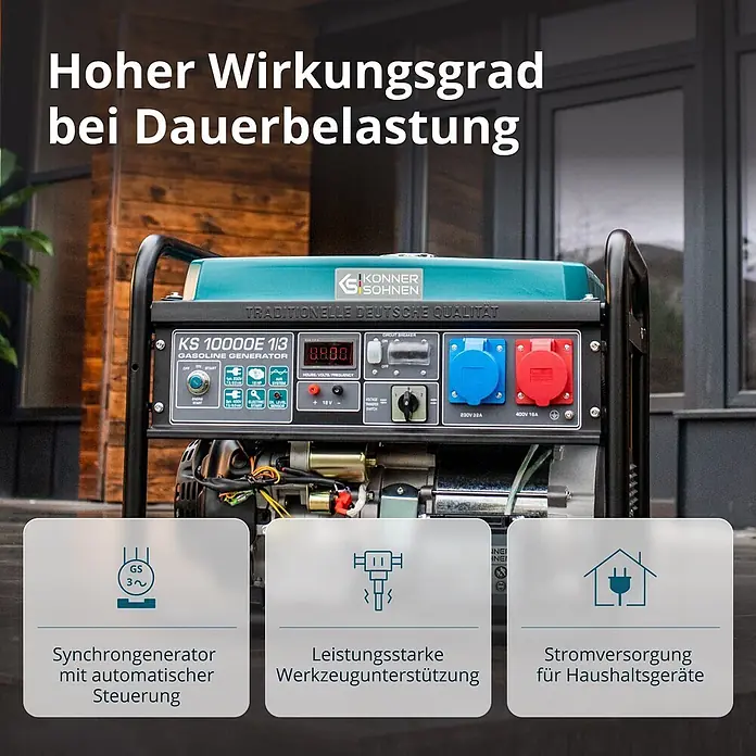 Könner & Söhnen Stromerzeuger KS 10000E 1/3 - Tankvolumen: 25 l - Ein Konner & Söhnen KS 10000E 1/3 Benzingenerator mit dunkelgrauem Rahmen und türkiser Oberseite, auf einer Terrasse.